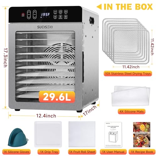 Image of SUCISENI Food Dehydrator for Jerky, 10 Stainless Steel Trays 9ft Dehydrator Machine, 1000W Dehydrator with 24H Timer 195℉ Temperature Control for Meat, Fruits, Veggies, Dog Treats