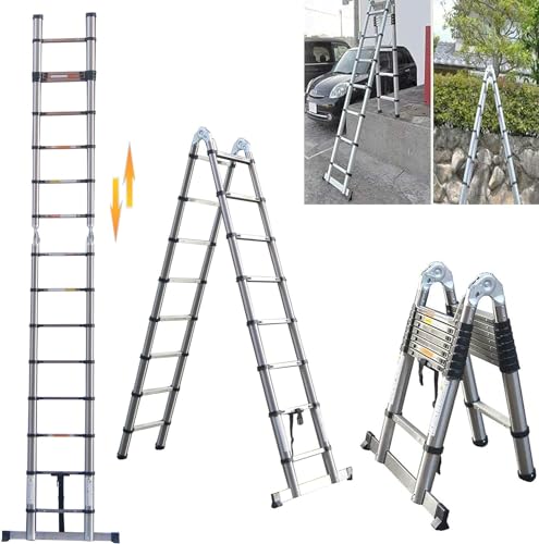 5M Aluminium Telescopic Folding Ladder with Stabilizer Bar, Extends to 5M, 330lb Capacity