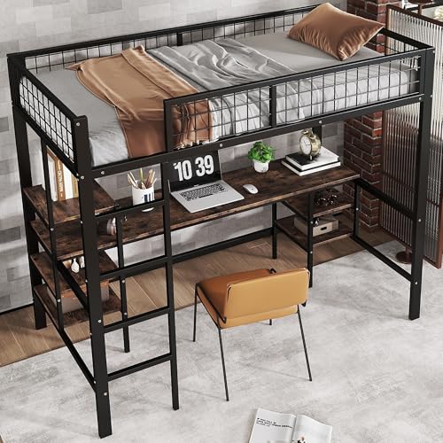 Merax Hochbett 90x200cm mit Schreibtisch & Lagerregal, Stabile Metallbett Etagenbett mit Lattenrost & Rausfallschutz, Platzsparend Stockbett...