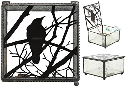 Ebros Gift Gothic Silhouette Raven Crow On Tree Branch Frosted Glass Decorative Jewelry Box 4" Wide Edgar Poe Nevermore Ravens Crows Stash Trinket Secret Box