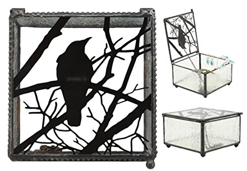 Ebros Gift Gothic Silhouette Raven Crow On Tree Branch Frosted Glass Decorative Jewelry Box 4" Wide Edgar Poe Nevermore Ravens Crows Stash Trinket Secret Box #TOP1