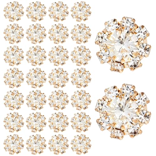 30 Pcs Rhinestone Embellishments 12mm Crystal Flower Flatback Rhinestones Bulk Gold Rhinestone Buttons for DIY Jewelry Bridal Bouquets Wedding Crafting Clothing Shoes Hair Accessories Gold