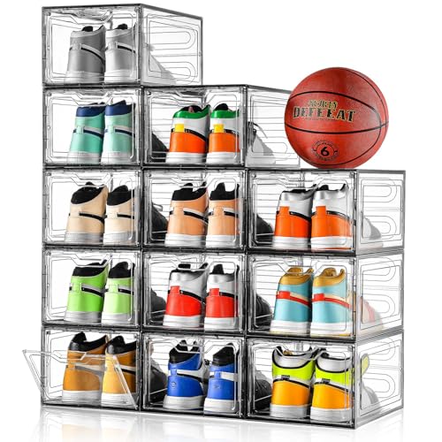 Stebopum 12 Pack Shoe Boxes Shoes Organizer, Shoe Storage Organizer Boxes with Magnetic Door, Clear Shoe Organizers Sneaker Storage Shoe Box for Women/Men, Fit up to US Size 12