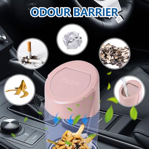 Image of Hovom Mini Car Trash Can with Lid, Portable Garbage Can for Car, Leakproof Cup Holder Automotive Garbage Bin with 2 Rolls of Trash Bags, Small Trash Storage Can for Car Home Office(Pink)