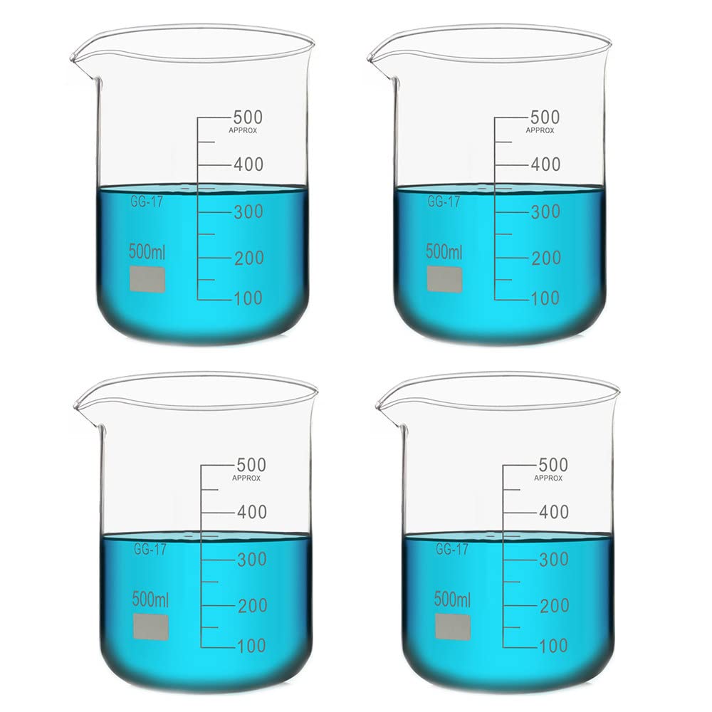 Vasos de precipitados de vidrio de 4 piezas, (100 ml / 150 ml / 200 ml / 250 ml / 300 ml / 400 ml / 500 ml) Vaso de laboratorio de borosilicato transparente, vasos de medición de vidrio con graduaci