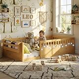 MoproBeti Montessori Floor Bed with High Rails,Twin Size Floor Bed Frame for Kids, LED Lights & Storage Shelf, Safe & Wider Opening Gate Design, Playground & Sleep Space for Girls Boys,Natural
