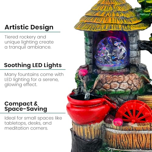 Image of Go Hooked Polyresin Waterfall Fountain with LED Lights & Adjustable Speed Control for Living Room, Bedroom & Office | Tabletop Showpiece Water Fountain | Stress Relief & Positive Energy Decor GH-F319