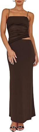 Two Piece Skirt Set for Women - Summer Vacation Outfits Sleeveless Asymmetrical Mesh Tank Crop Top Maxi Long Skirts