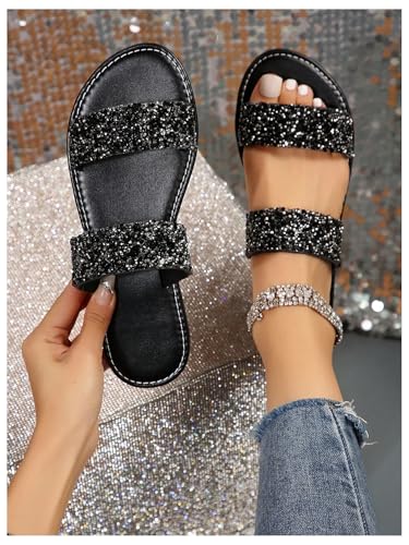Verdusa Women's PU Leather Rhinestone Slippers Two Strap Open Toe Slip on Flat Sandals2