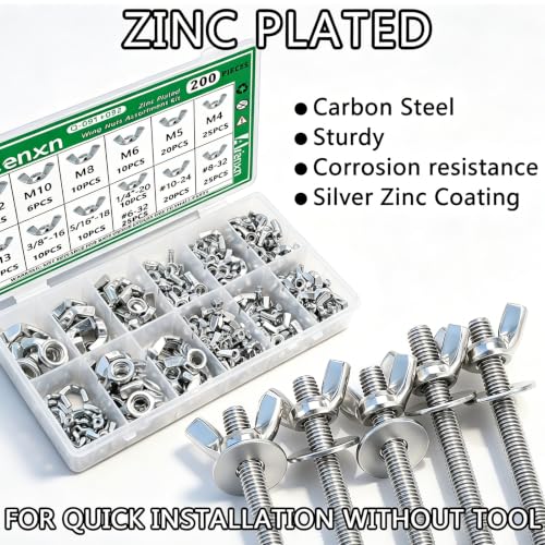 Image of 200PCS Wing Nuts Assortment Kit, Metric & SAE Sizes- M3 -M12, #6-32 to 3 /8 inch-16 Zinc Plated Wingnuts Fasteners, Parts Butterfly Wing Nut