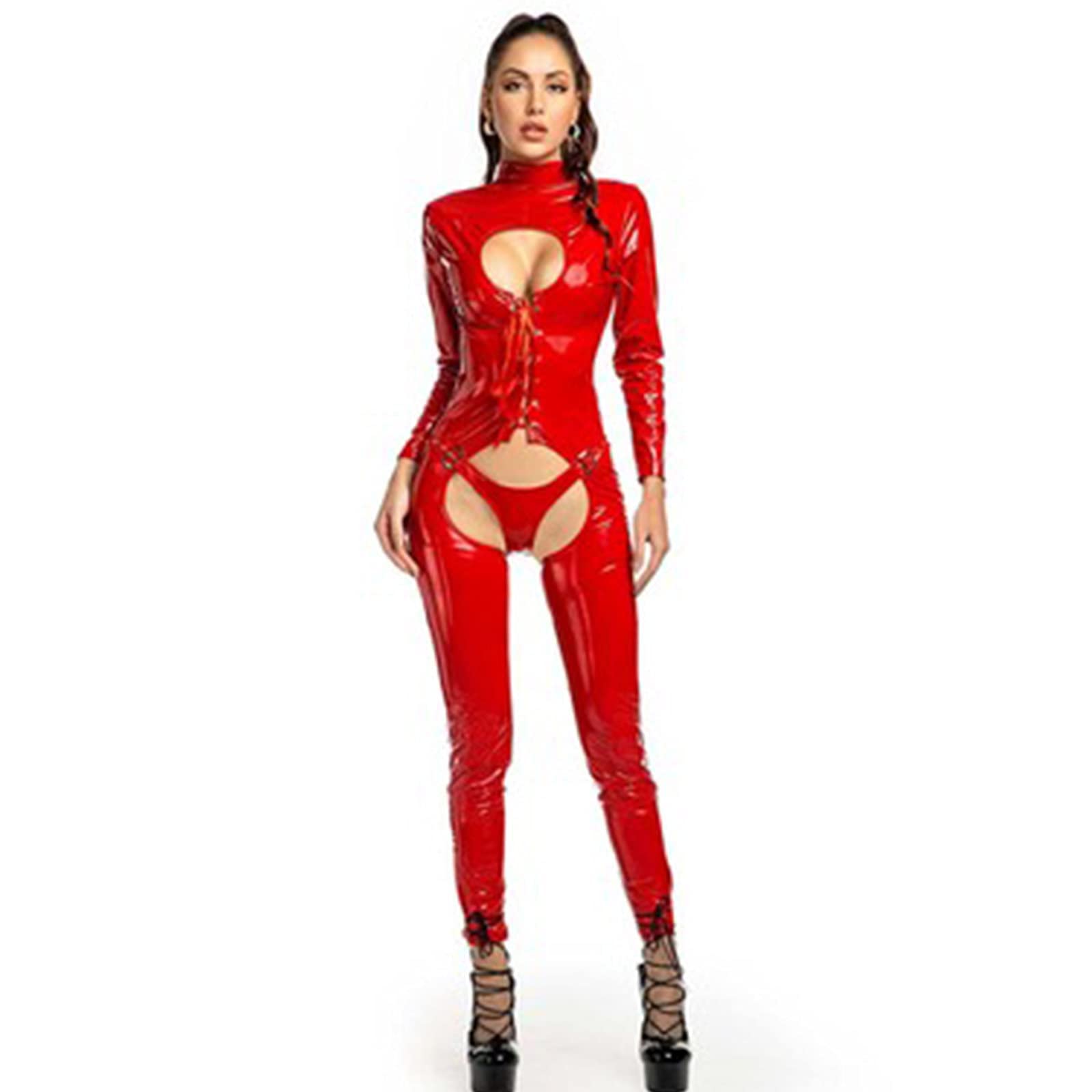 ZLZNX Catsuit LáTex PVC Sexy para Mujer Traje de Busto Abierto Cuero SintéTico Traje Caliente Gay Mono Lencerí