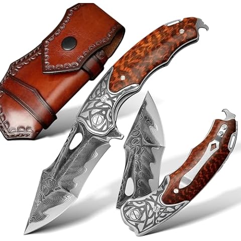 SPIRIT DEED handmade damascus steel pocket folding knife, Snakewood handle with pocket clip and leather case, camping, climbing, fishing, EDC pocket knife Cover