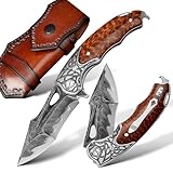 SPIRIT DEED handmade damascus steel pocket folding knife, Snakewood handle with pocket clip and leather case, camping, climbing, fishing, EDC pocket knife