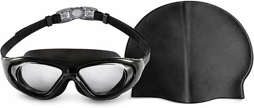 TRAIS-Swimming Goggles and Silicone Swim Cap Combo Set | Anti-Fog UV Protection Swim Goggles for Men Women Kids | Professi...