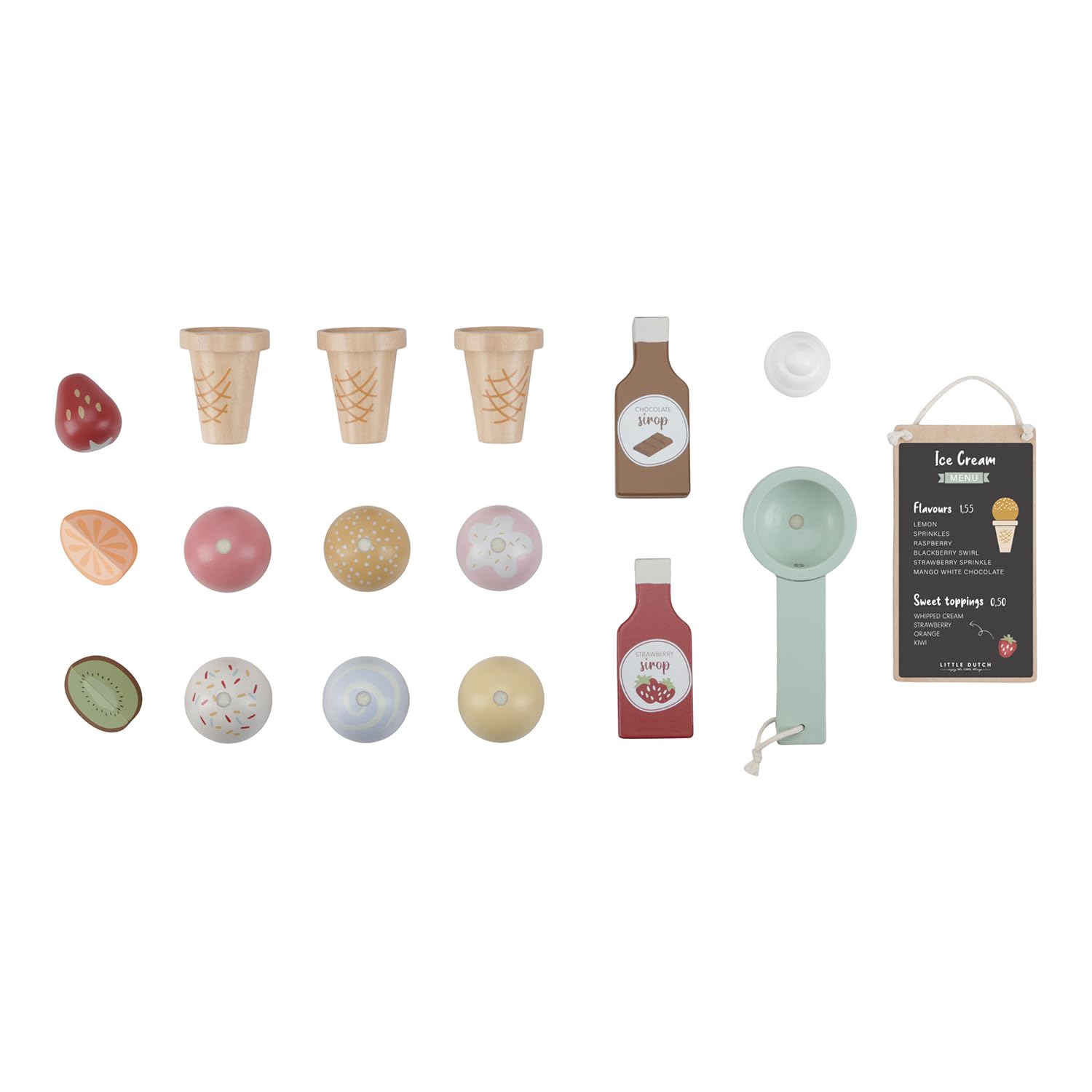 Little Dutch Eisstand Eisdiele aus Holz mit EIS, Eishörnchen und Toppings 18-teilig Set
