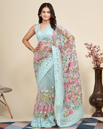 Image of VAIRAGEE Women's Beautiful Soft Net Embroidery Saree With Unstitched Blouse 6079