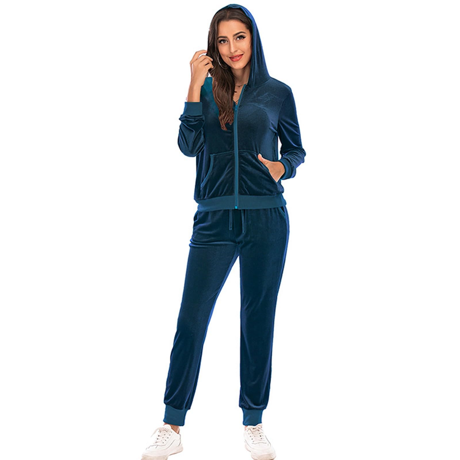 Felpa con cappuccio tinta unita moda casual da donna Camicia con taschino a maniche lunghe Camicetta Cintura con cerniera Set di pantaloni elastici