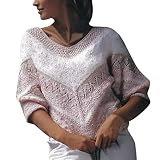 Lazzboy Frauen Oansatz Symmetrische V Muster Warme Winter Lose Kint Pullover Top Damen Gestreift Strickpullover Freizeit Elegant Sweater Strickpulli(Rosa,L)