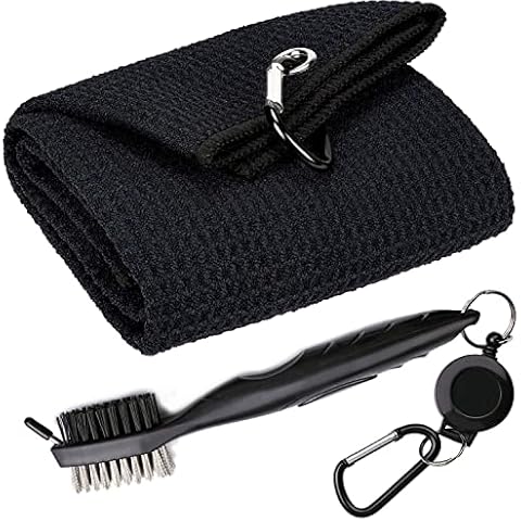 Aebor Golf Towels, Microfiber Waffle Pattern Tri-fold Golf Towel - Brush Tool Kit with Club Groove Cleaner, with Clip Men Women Golf Gifts (Black Towel+Black Brush) Cover