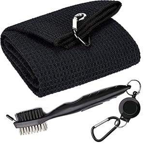Golf Towels, Microfiber Waffle Pattern Tri-fold Golf Towel – Brush Tool Kit with Club Groove Cleaner, with Clip Men Women Golf Gifts (Black Towel+Black Brush)