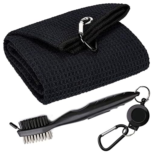 Aebor Golf Towels, Microfiber Waffle Pattern Tri-fold Golf Towel - Brush Tool Kit with Club Groove Cleaner, with Clip Men Women Golf Gifts (Black Towel+Black Brush)