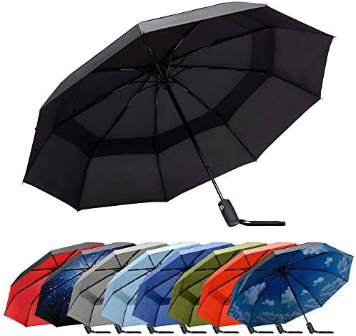 RainPlus Black Windproof Travel Umbrella - Compact, Automatic, Folding and Portable - Umbrellas For Rain for Men and Women - Car, Backpack, Purse, Strong & Wind Resistant