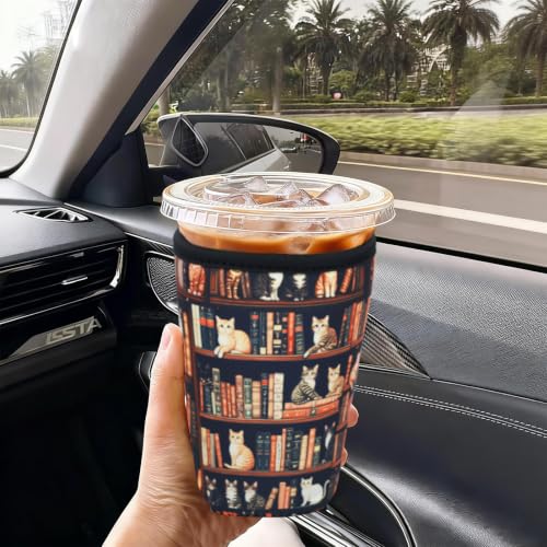 Image of Reusable Insulated Neoprene Iced Coffee Cup Sleeve, Durable Drink Sleeve for Cold Beverages, Beverage Holder for Iced Coffee (Cat Library)
