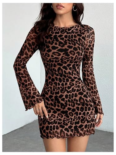 Image of GORGLITTER Women's Y2k Mesh Sheer Leopard Print Mini Dress Concert Outfits | Long Sleeve, Backless, Cheetah Print, Bodycon, Cinch Waisted, Western Outfits, Country Concerts Dress