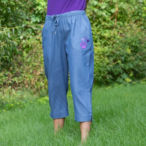 Denim Paw Print Capri Pants Embroidered Animal Lover Detail Elastic Drawstring Waist with Pockets Casual Lightweight Bottoms3