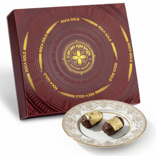 Image of Cacao Springs Roca Gold Festival Chocolate Box For Gift - Crunchy Almond Chocolate with Creamy Caramel Core and Edible Gold Coating (2 Pieces) - Premium Celebration Pack Diwali Gift Hamper - 110 Grams