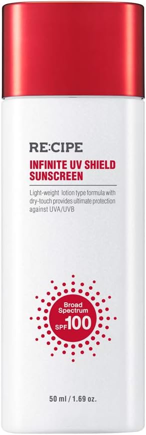 - RECIPE Infinite UV Shield Sunscreen, SPF 100 Broad Spectrum, Korean Sunscreen, Korean Skin Care, Korean SPF, Lightweight Dry-Touch Lotion, 1.69 oz