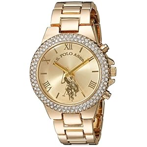 U.S. Polo Assn. Women’s Analog Watch – Gold-Tone Dial with Crystal-Embellished Bezel and Stainless Steel Bracelet – Elegant, Durable, and Adjustable Fit for Wrists 5.5″ to 8″