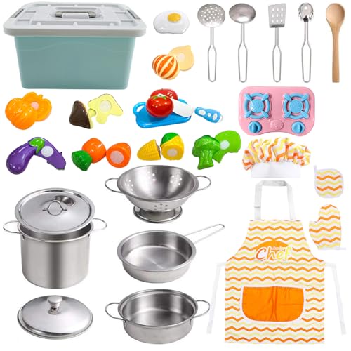 ALEENFOON Kinderküche Zubehör, Spielküche Zubehör für Kinder mit Kochfeld, Kochgeschirr Edelstahl Pfannenset, Schürze & Kochmütze, Matschküche Zubehör für Kinder, Geschenk für Jungen und Mädchen