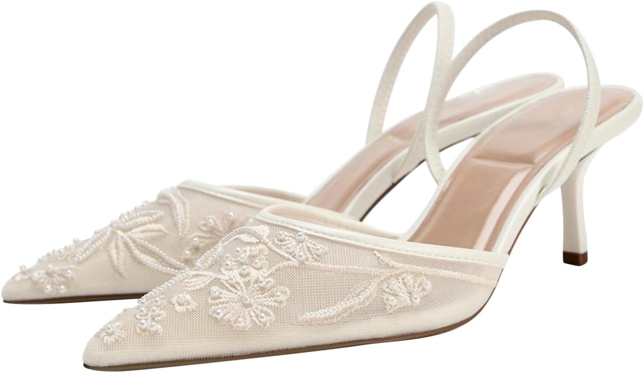 Fashion Mesh Slingback Pumps Shoes for Women Ankle Strap Pointed Toe Pumps