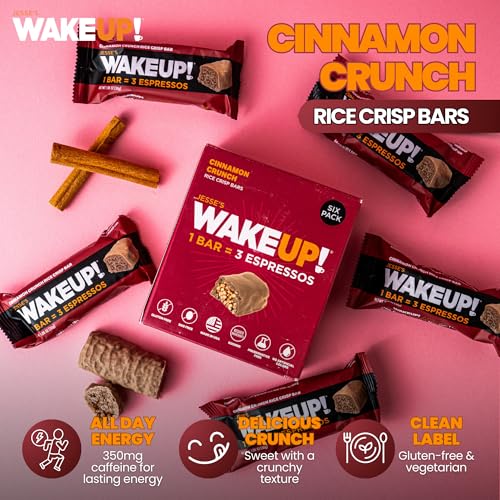 Image of WAKE UP! Caffeinated Cinnamon Crunch Energy Bars - 350mg Caffeine Per Bar (3 Espressos) - Coffee Alternative for Extreme Energy & Focus - Vegetarian, Gluten-Free, Kosher - 6 Pack