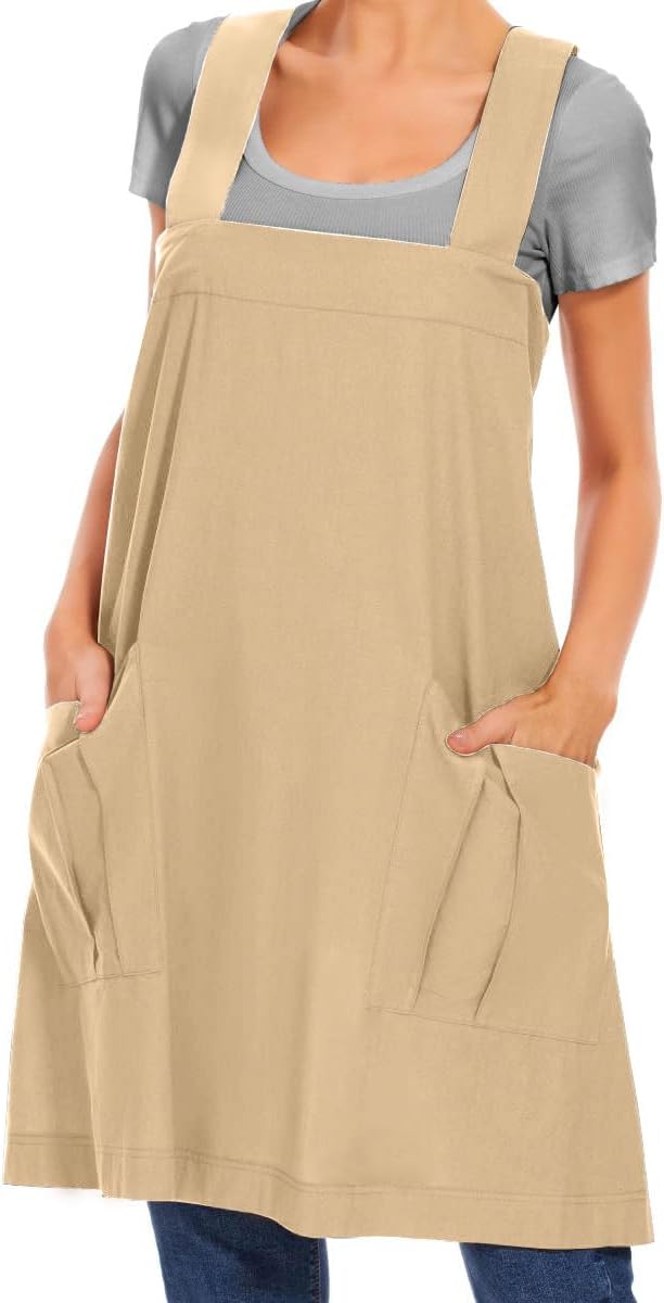 Larmliss Women's Cotton Cross Back Apron Pinafore Dress with Big Pockets Loose Square Apron for Baking Cooking Gardening