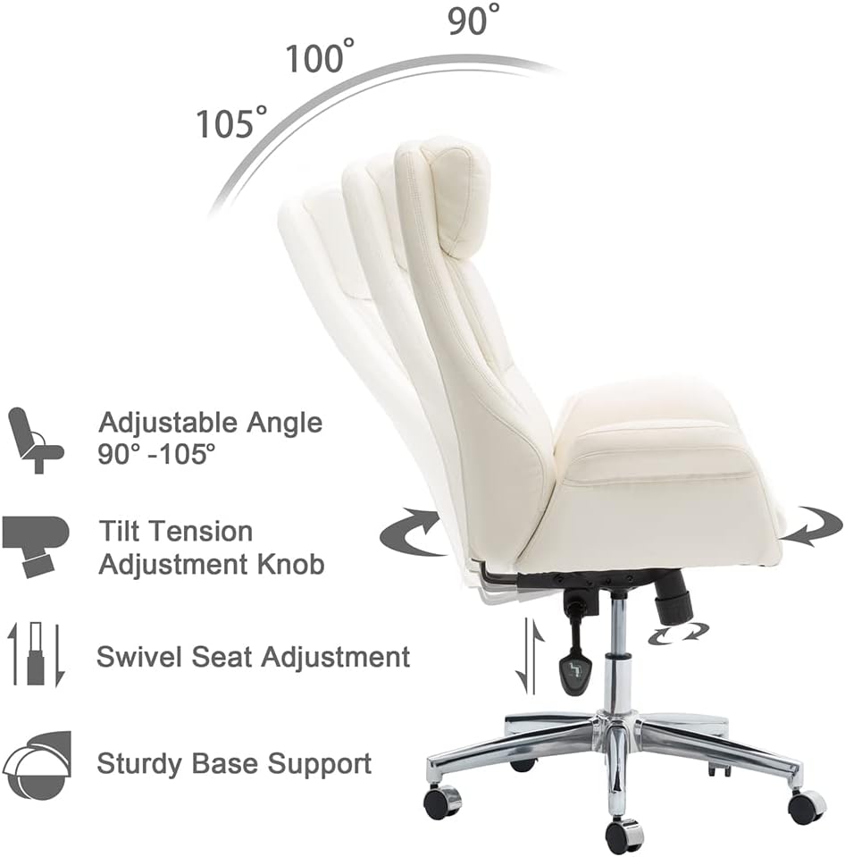 Glitzhome Home High-Back Office Chair Leather Adjustable Swivel Desk Chair with Arms, Cream