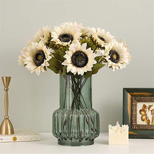 Hawesome White Sunflowers Artificial Flowers 7 Pcs Faux Silk Sunflowers Bouquet Fake Real Touch Long Stems Floral For Wedding Party Centerpieces Home Decoration(Autumn White) #TOP2