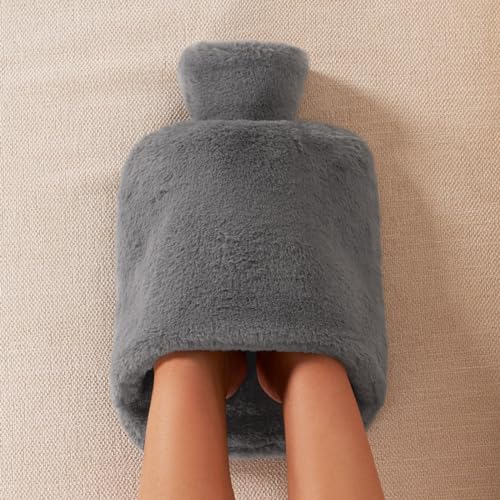 OHS Foot Warmers for Women, Hot Water Bottle Faux Fur Soft Warm Cosy Hand and Feet Warmers Adult Winter Thermal 2 Litre Large Hot Water Bottle Slippers, Dark Grey