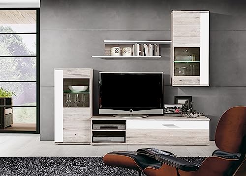 Forte HOT SHOT Moderne Wohnwand 210 220, Große Wohnwand mit 2 Glastüren und 1 Klappe inklusive LED-Beleuchtung, Holzwerkstoff, Sandeiche Dekor / Weiß, 213 cm breit x 184 cm hoch x 41,3 cm tief