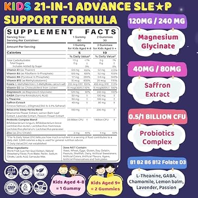 Kids 4+ Sleep Gummies No Melatonin - Magnesium Glycinate for Kids Teens with Saffron, L-Theanine, GABA, Chamomile, Lavender, Probiotics, Methylated B6 B12 Folate D3 for Unwind Brain & Muscle, 120cts