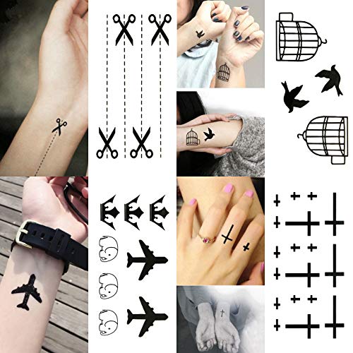Oottati 30 Sheets Small Cute Temporary Tattoos Kit - Black Foot Print Camera Elephant Star Diamond Cross Bird Cat For Kids Women Men #TOP4