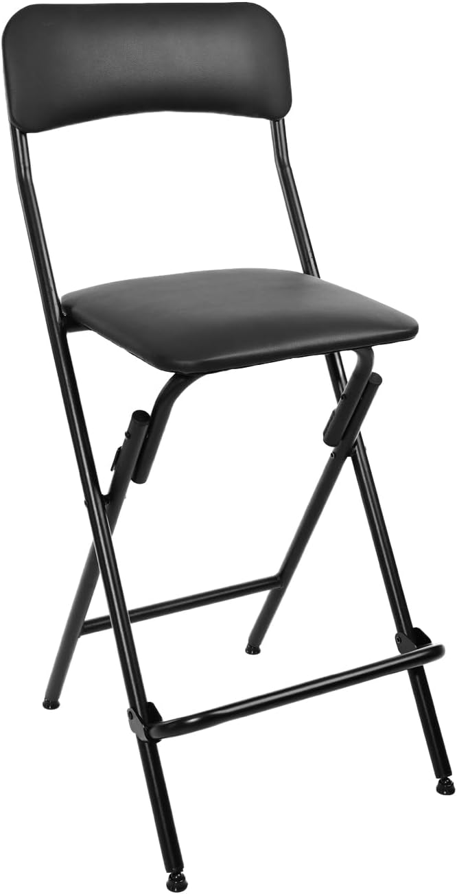 Folding Bar Stool with Backrest,25 Inch Leather Padded Counter Height Foldable Stool,Tall Folding Stool Chair for Gardening Kitchen Shop Cafe, Black (2 Pack)