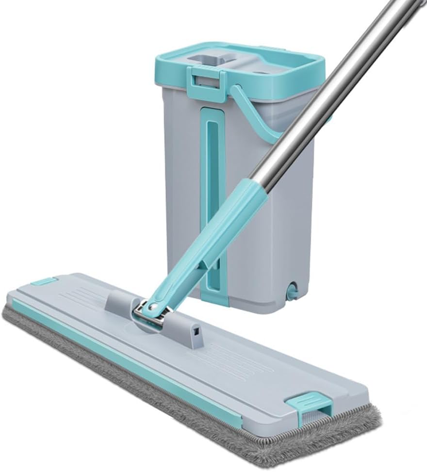 Flat Mop and Bucket Set Self-Cleaning Floor Mop System Wich 6 Washable Microfiber Pads 360° Swivel Head Adjustable Stainless Steel Handle