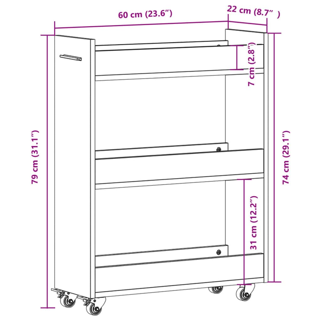 Armadio credenza con ruote, grigio Sonoma, in legno, 60 x 22 x 79 cm, 2 scomparti, 4 ruote girevoli con freno, serratura per ufficio, cantina, garage