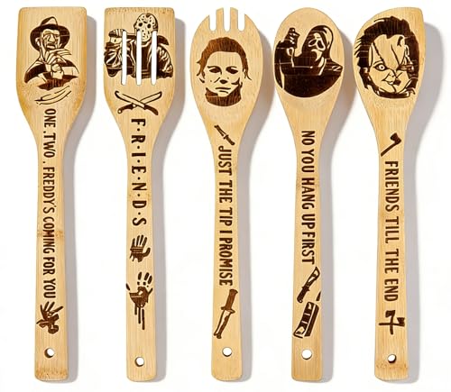 5Pcs Horror Movie Merchandise - Wooden Spoons for Cooking, Halloween Kitchen Accessories, Engraved Bamboo Cooking Utensils, Horrors Movie Decor, Horrors Movie Gifts