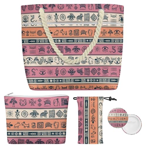 Egyptiantt Canvas Beach Bag Set with Matching Cosmetic Bag, Glasses Pouch & Badge |Tote Bag with Accessories for Women