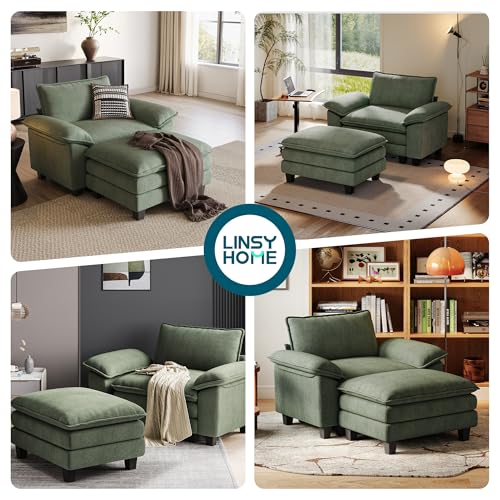 Image of LINSY HOME Cloud Sofa Accent Chair with Ottoman Chaise Lounge Chair Indoor, Corduroy Couch Sofa Chair for Living Room Apartment Bedroom Office, Green