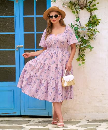 Image of RITERA Plus Size Dresses for Curvy Women Square Neck Short Sleeve Summer Floral Smocked Maxi Dress with Pocket XL-5XL