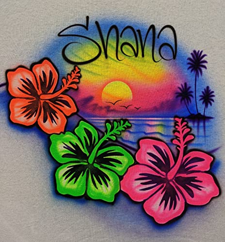 Airbrushed Beach, Hibiscus, Palms & Sunset T Shirt, Personalized with Name2
